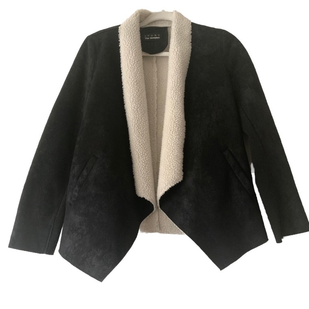 The Kooples Sport Black Suede Sherpa Lined Open Front Jacket Women Sz S Outdoor